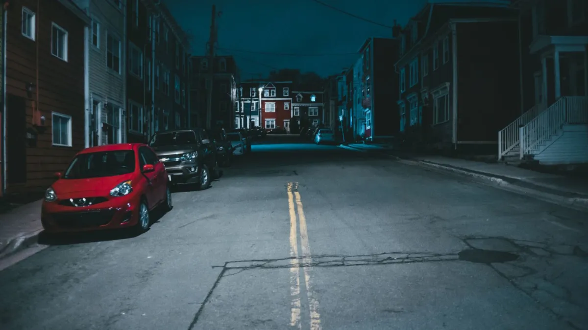 Cars parked along a dark residential street at night